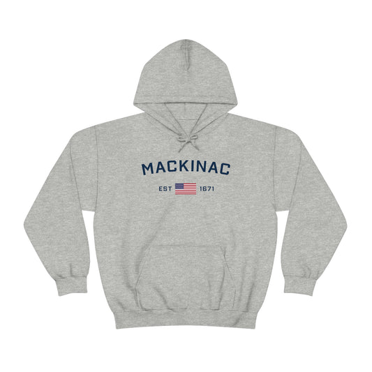 'Mackinac EST 1671' Hoodie (w/USA Flag Outline) | Unisex Standard