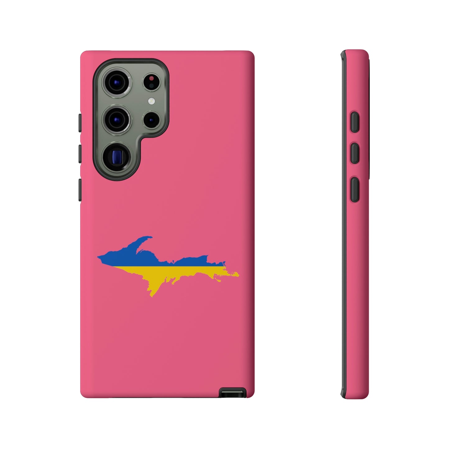 Michigan Upper Peninsula Tough Phone Case (Rhodochrosite Pink w/ UP Ukraine Flag Outline) | Samsung & Pixel Android