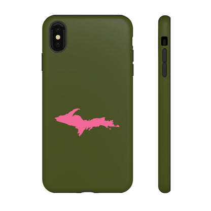 Michigan Upper Peninsula Tough Phone Case (Army Green w/ Pink UP Outline) | Apple iPhone