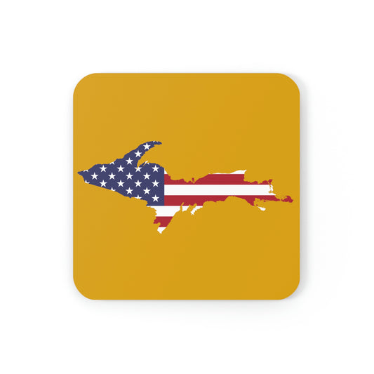 Michigan Upper Peninsula Coaster Set (Gold Color w/ UP USA Flag Outline) | Corkwood - 4 pack