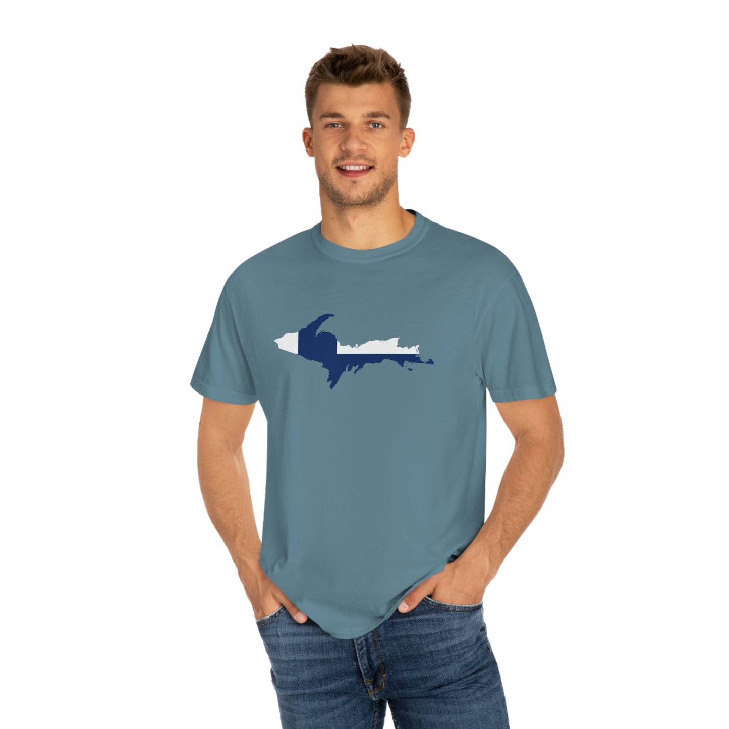 Michigan Upper Peninsula T-Shirt (w/ UP Finland Flag Outline) | Unisex Garment-Dyed