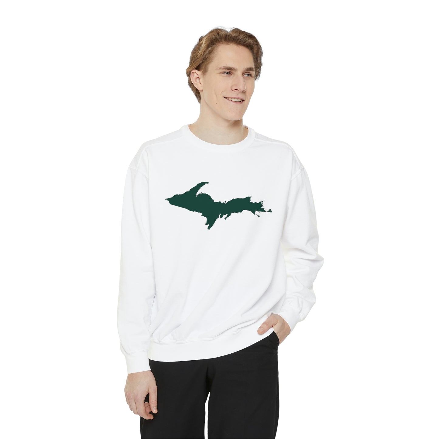 Michigan Upper Peninsula Sweatshirt (w/ Green UP Outline) | Unisex Garment Dyed