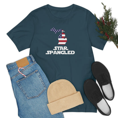 Michigan 'Star Spangled' T-Shirt (Epic Sci Fi Font w/ MI USA Flag Outline) | Unisex Standard Fit