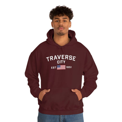 'Traverse City EST 1851' Hoodie (w/USA Flag Outline) | Unisex Standard