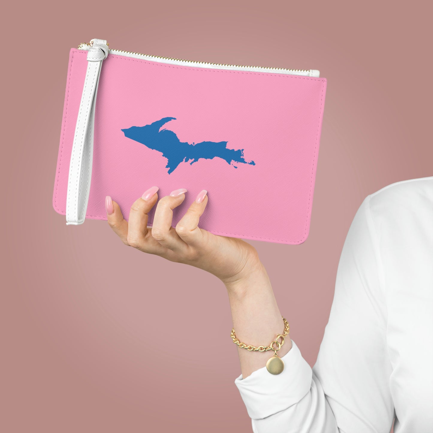 Michigan Upper Peninsula Clutch Bag ('67 Caddie Pink w/ Azure UP Outline)