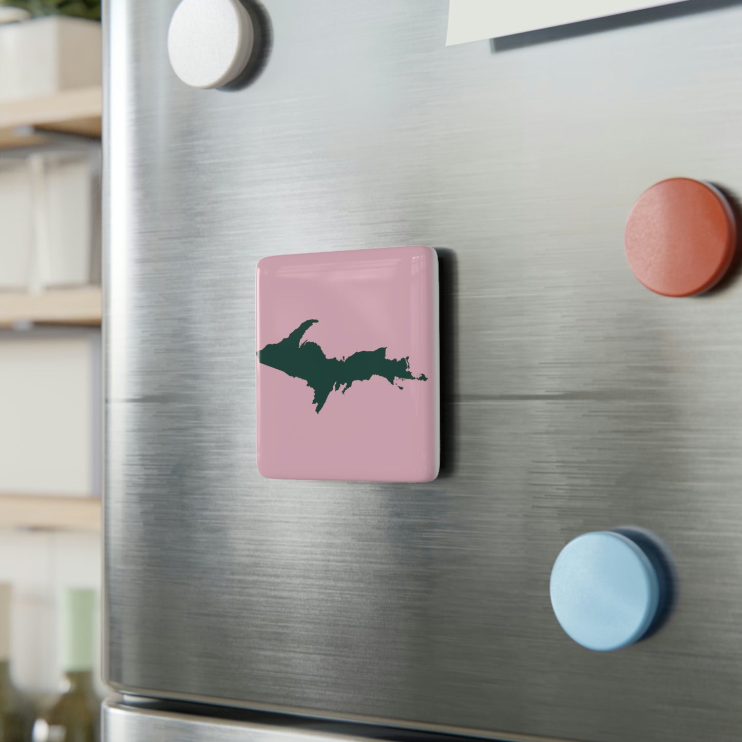 Michigan Upper Peninsula Porcelain Magnet (Pink w/ Green UP Outline)