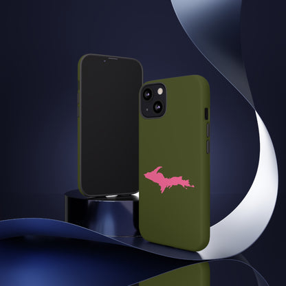 Michigan Upper Peninsula Tough Phone Case (Army Green w/ Pink UP Outline) | Apple iPhone