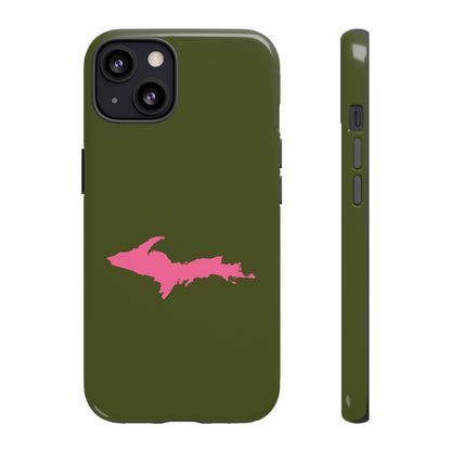 Michigan Upper Peninsula Tough Phone Case (Army Green w/ Pink UP Outline) | Apple iPhone