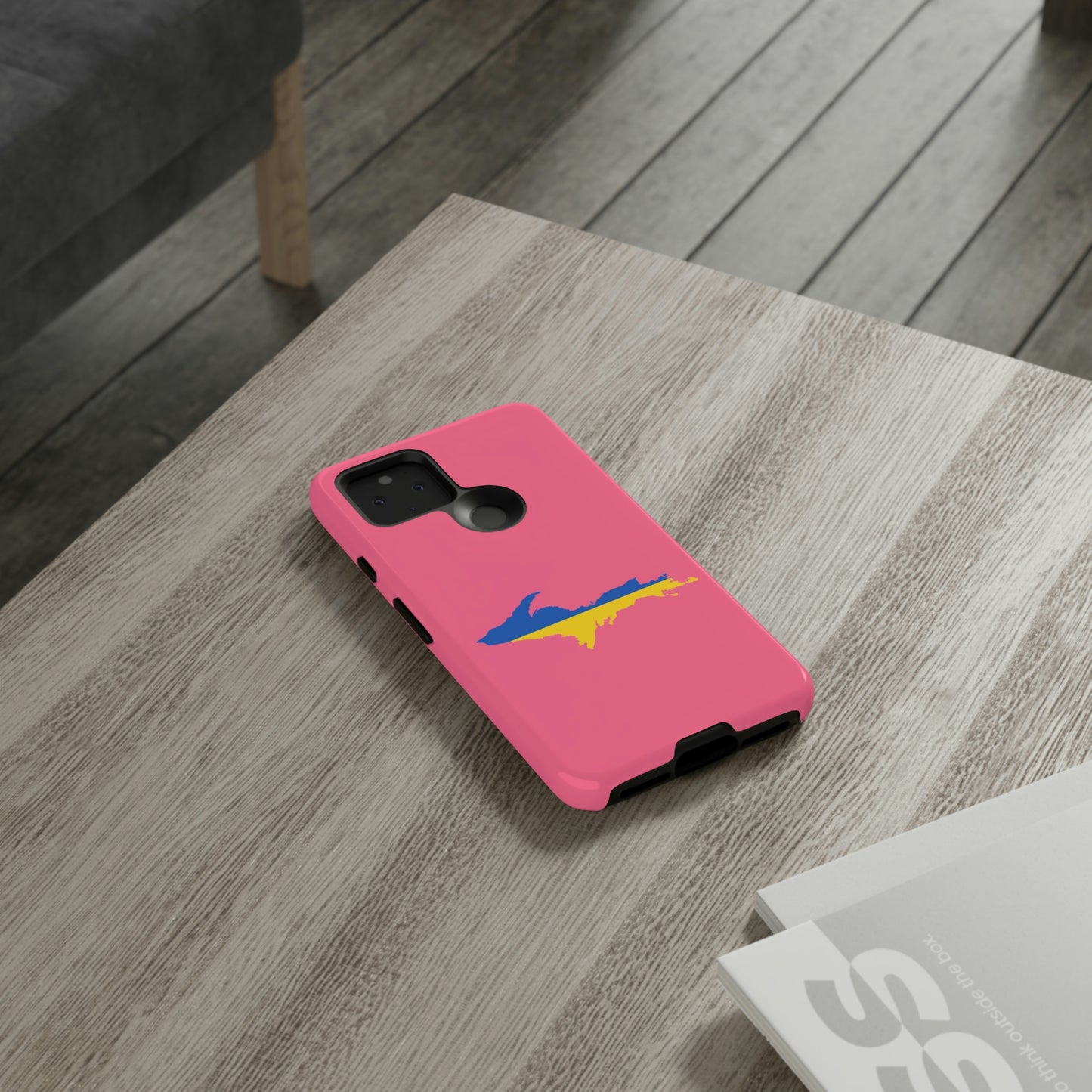 Michigan Upper Peninsula Tough Phone Case (Rhodochrosite Pink w/ UP Ukraine Flag Outline) | Samsung & Pixel Android