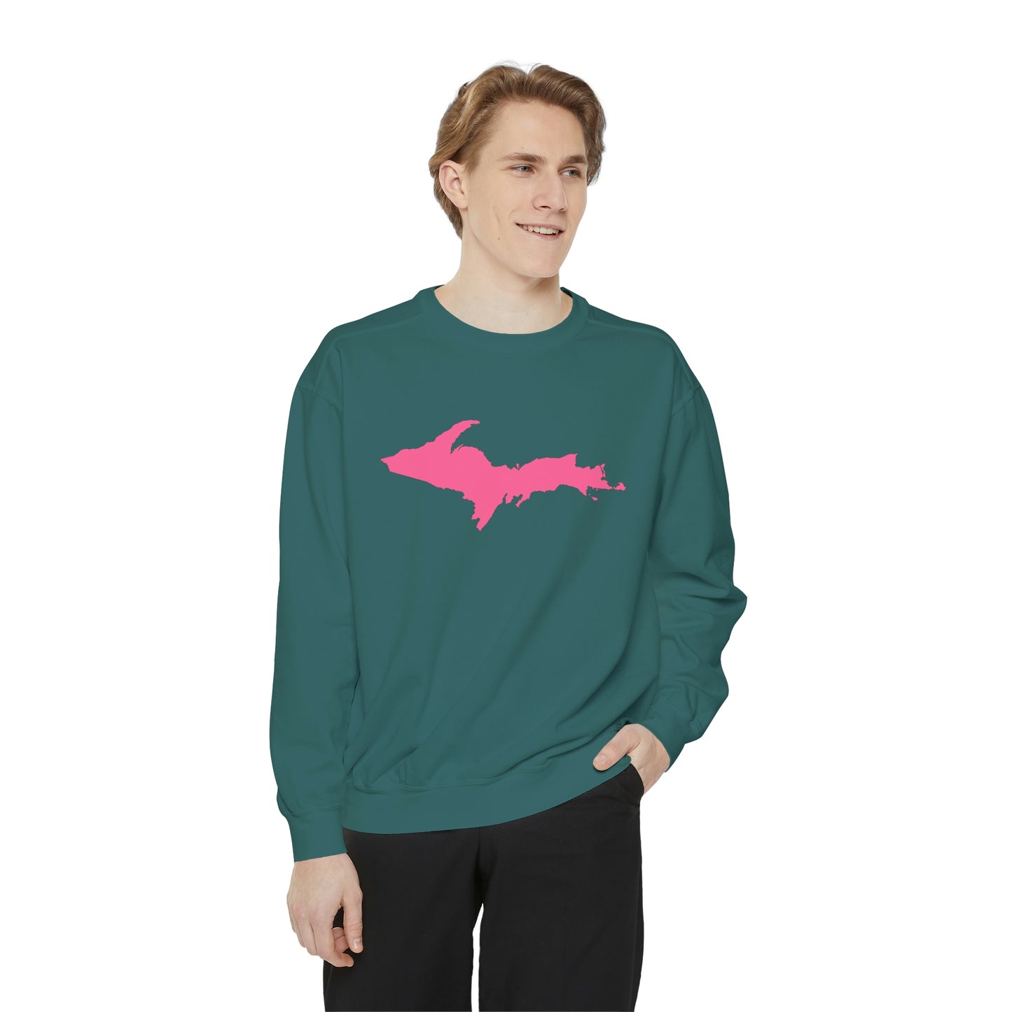 Michigan Upper Peninsula Sweatshirt (w/ Pink UP Outline) | Unisex Garment Dyed