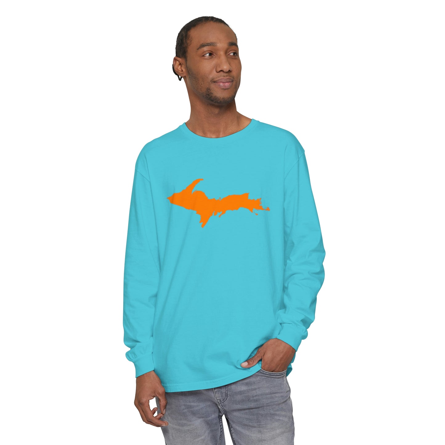 Michigan Upper Peninsula Garment-Dyed T-Shirt (w/ Orange UP Outline) | Unisex Long Sleeve