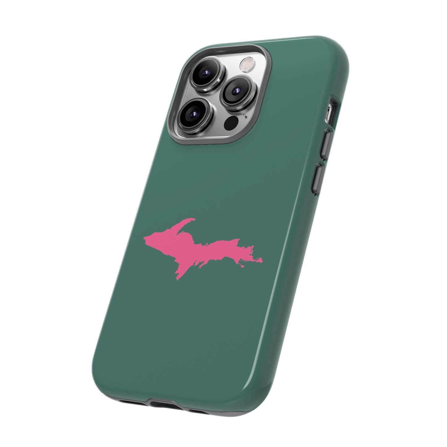 Michigan Upper Peninsula Tough Phone Case (Copper Green w/ Pink UP Outline) | Apple iPhone