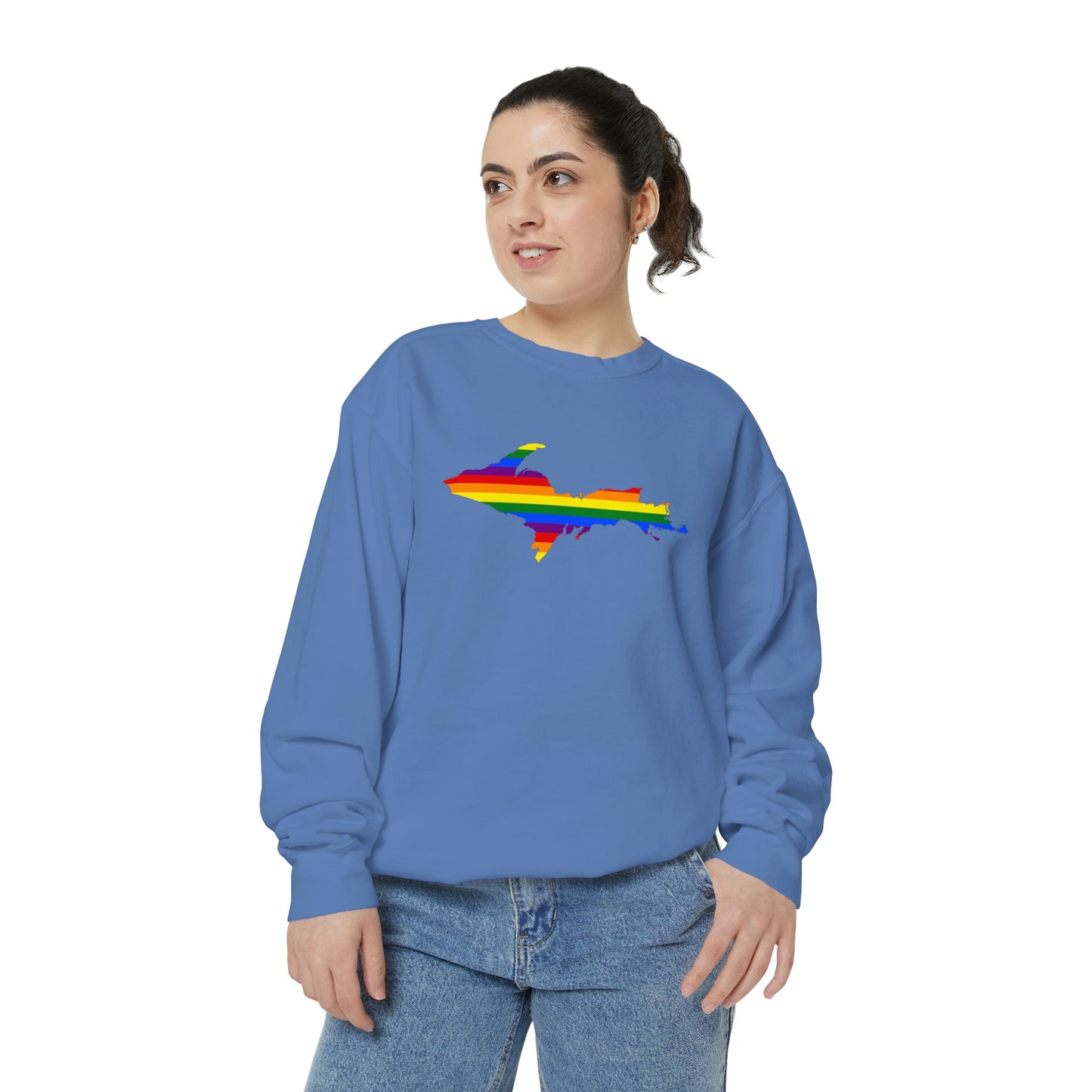 Michigan Upper Peninsula Sweatshirt (w/ UP Pride Flag Outline) | Unisex Garment Dyed