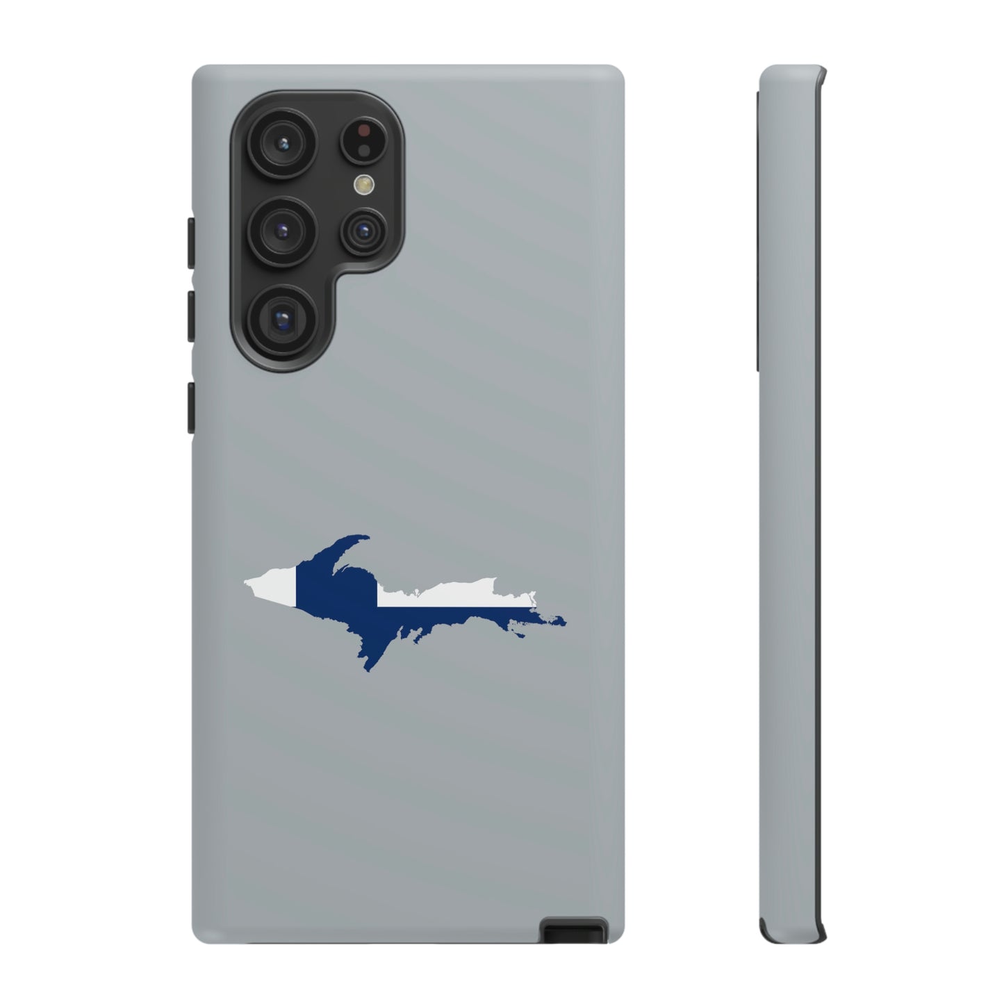 Michigan Upper Peninsula Tough Phone Case (Silver w/ UP Finland Flag Outline) | Samsung & Pixel Android