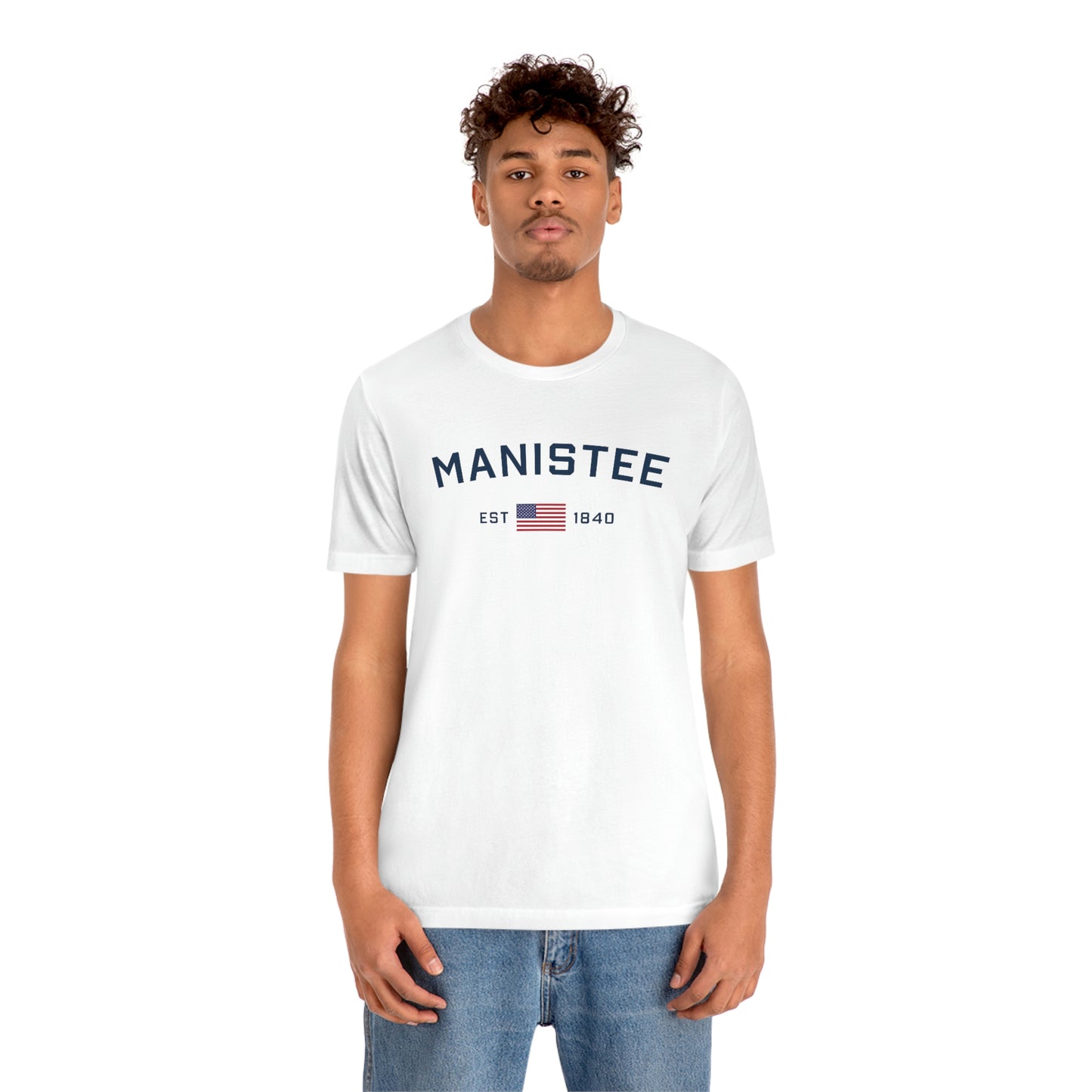 'Manistee EST 1840' T-Shirt (w/USA Flag Outline) | Unisex Standard Fit