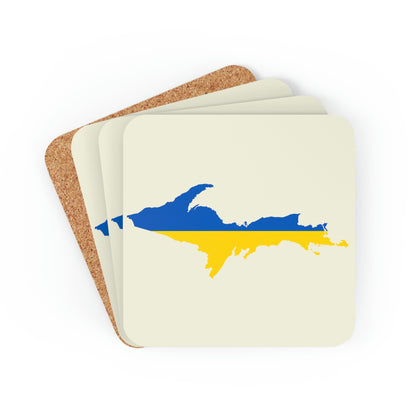 Michigan Upper Peninsula Coaster Set (Ivory Color w/ UP Ukraine Flag Outline) | Corkwood - 4 pack