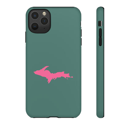 Michigan Upper Peninsula Tough Phone Case (Copper Green w/ Pink UP Outline) | Apple iPhone