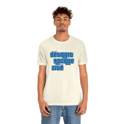 'Détroit Rocque Cité' T-Shirt (Azure/Grey Automotive Crime Parody) | Unisex Standard Fit