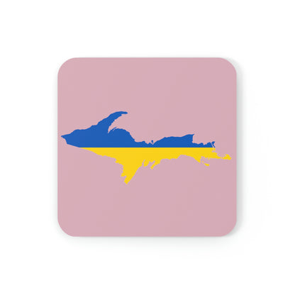 Michigan Upper Peninsula Coaster Set (Pink w/ UP Ukraine Flag Outline) | Corkwood - 4 pack