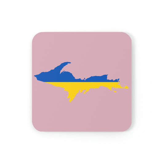 Michigan Upper Peninsula Coaster Set (Pink w/ UP Ukraine Flag Outline) | Corkwood - 4 pack