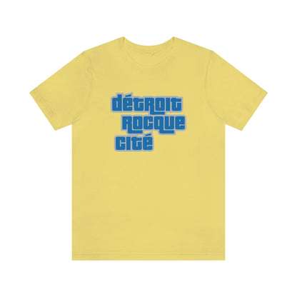 'Détroit Rocque Cité' T-Shirt (Azure/Grey Automotive Crime Parody) | Unisex Standard Fit