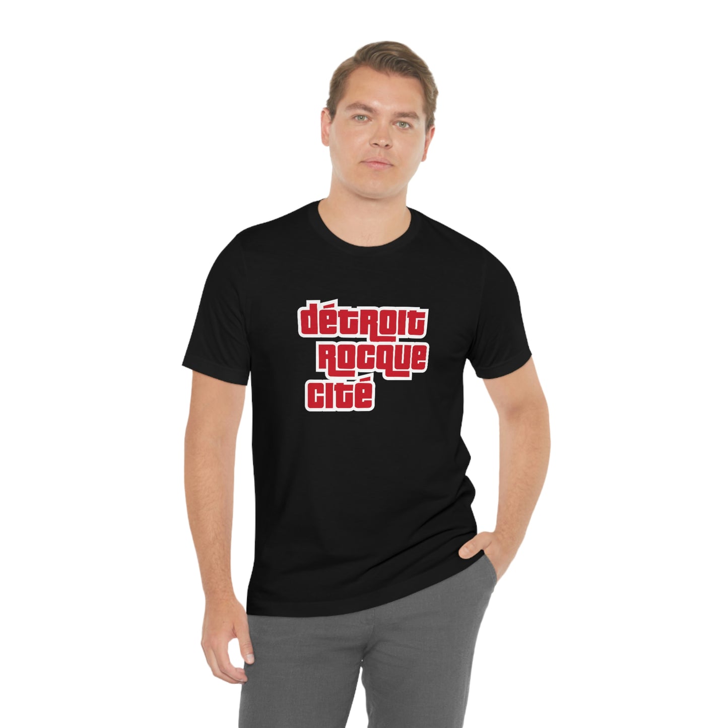 'Détroit Rocque Cité' T-Shirt (Red/White Automotive Crime Parody) | Unisex Standard Fit