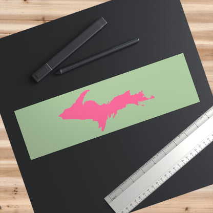 Michigan Upper Peninsula Bumper Sticker (w/ Pink UP Outline) | Green Tea Color Background