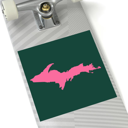 Michigan Upper Peninsula Square Sticker (Green w/ Pink UP Outline) | Indoor/Outdoor