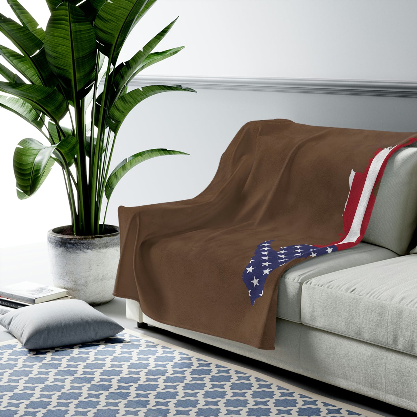 Michigan Upper Peninsula Plush Blanket (w/ UP USA Flag Outline) | Coffee Color