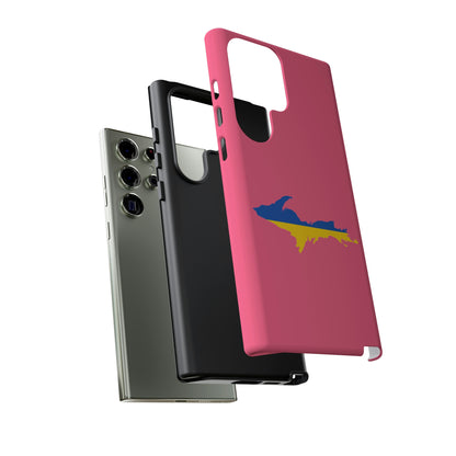 Michigan Upper Peninsula Tough Phone Case (Rhodochrosite Pink w/ UP Ukraine Flag Outline) | Samsung & Pixel Android