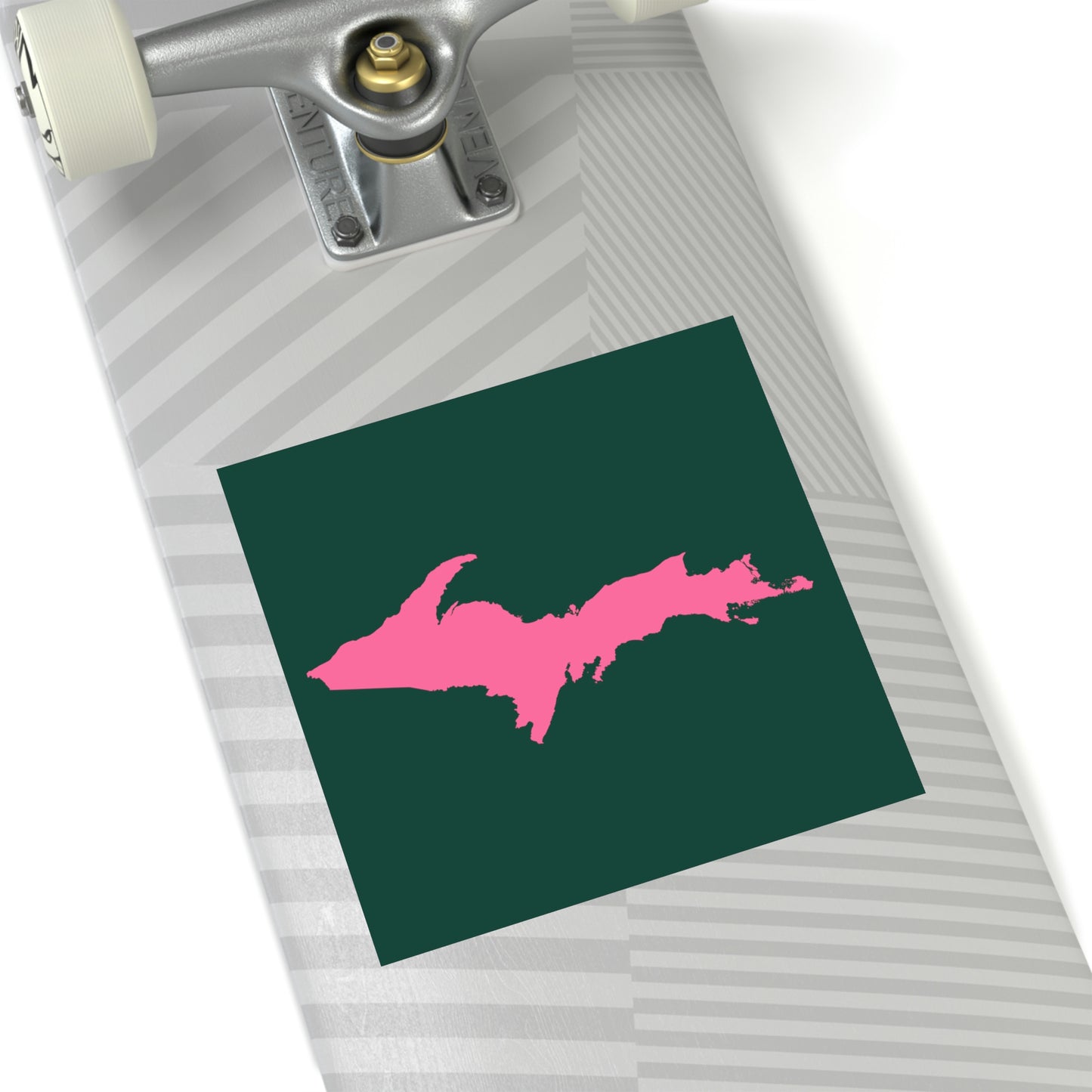 Michigan Upper Peninsula Square Sticker (Green w/ Pink UP Outline) | Indoor/Outdoor