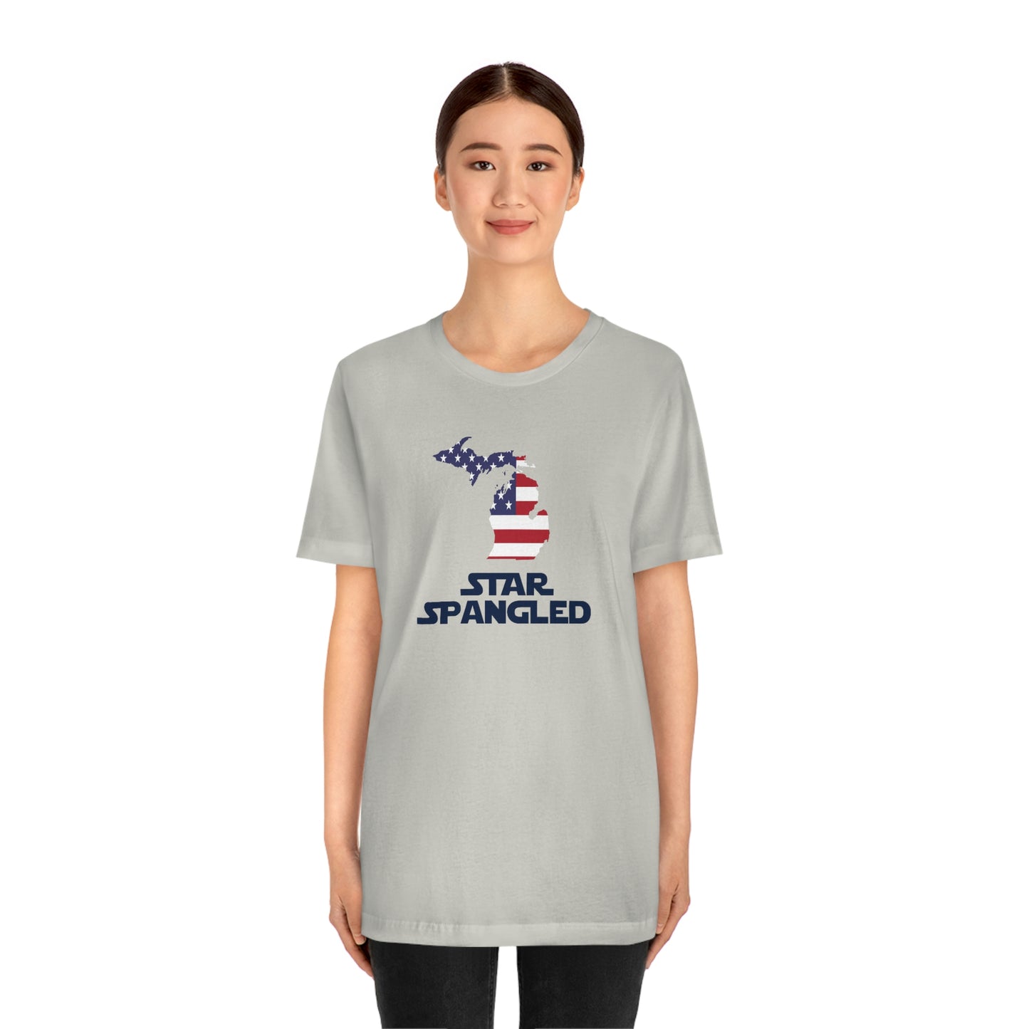 Michigan 'Star Spangled' T-Shirt (Epic Sci Fi Font w/ MI USA Flag Outline) | Unisex Standard Fit