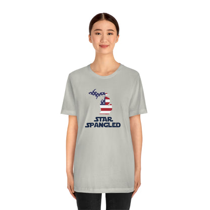 Michigan 'Star Spangled' T-Shirt (Epic Sci Fi Font w/ MI USA Flag Outline) | Unisex Standard Fit