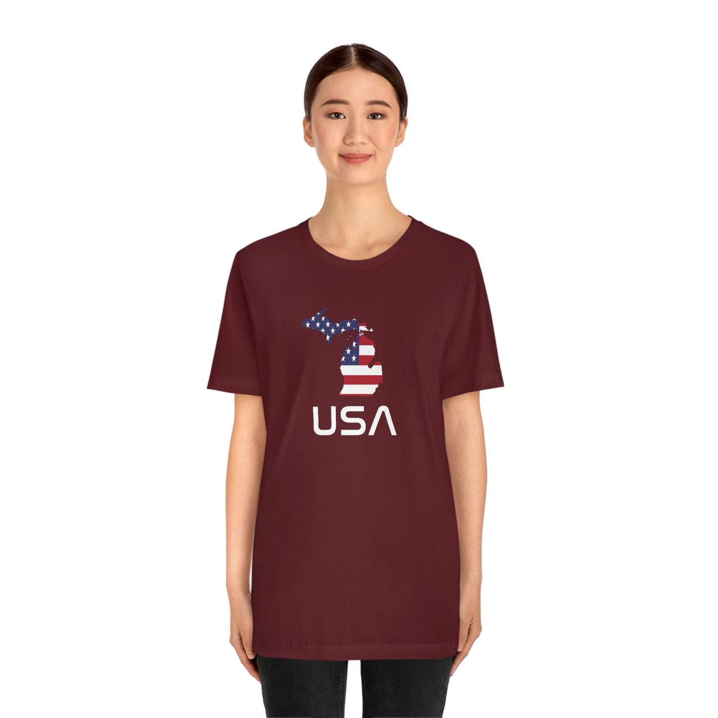 Michigan 'USA' T-Shirt (Space Agency Font w/ MI USA Flag Outline) | Unisex Standard Fit