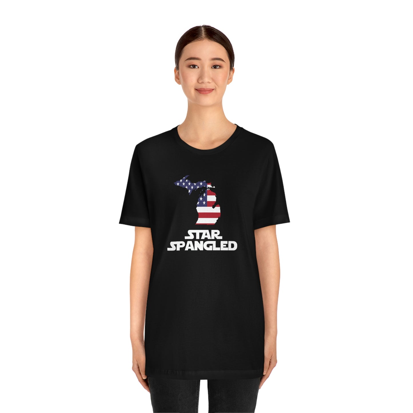 Michigan 'Star Spangled' T-Shirt (Epic Sci Fi Font w/ MI USA Flag Outline) | Unisex Standard Fit