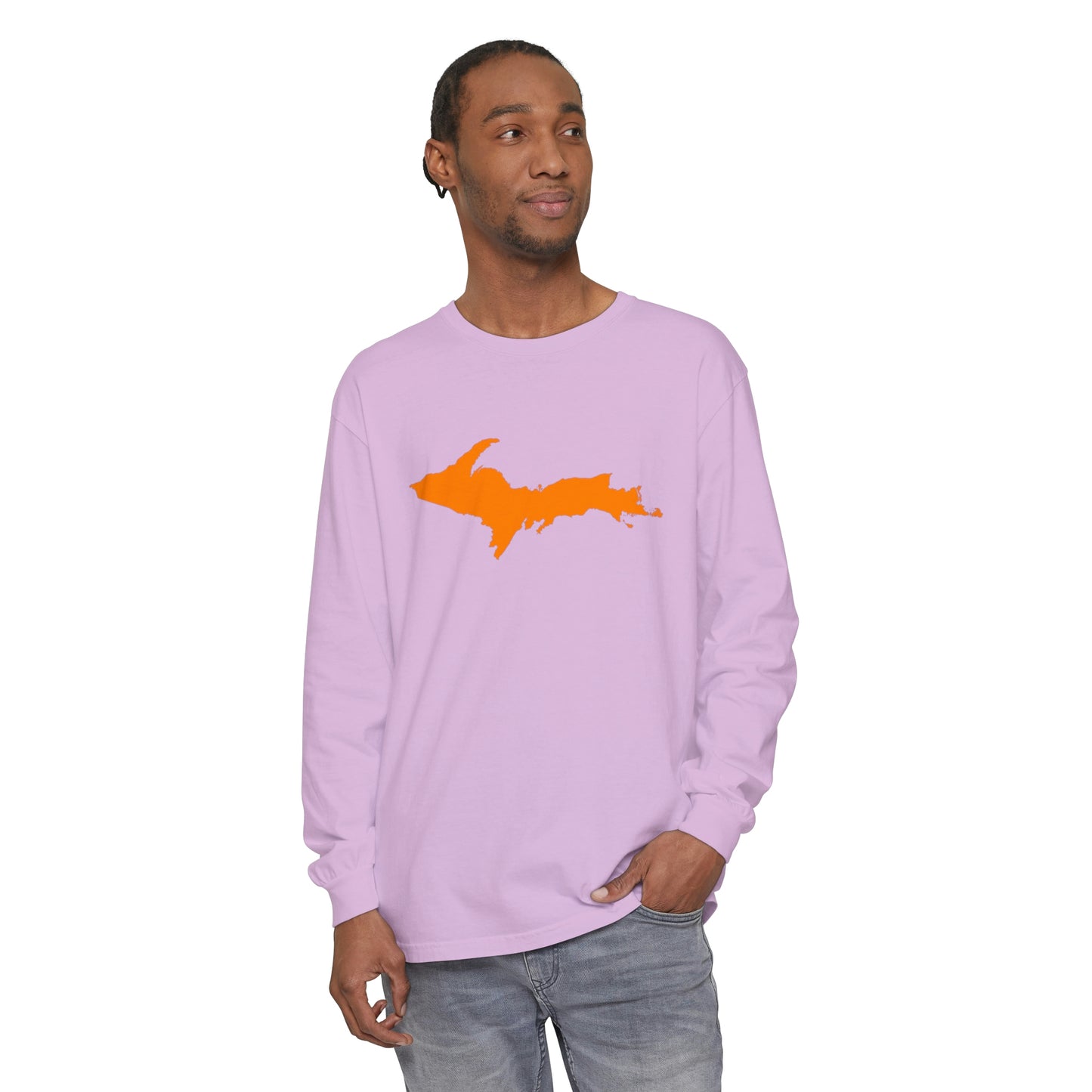 Michigan Upper Peninsula Garment-Dyed T-Shirt (w/ Orange UP Outline) | Unisex Long Sleeve