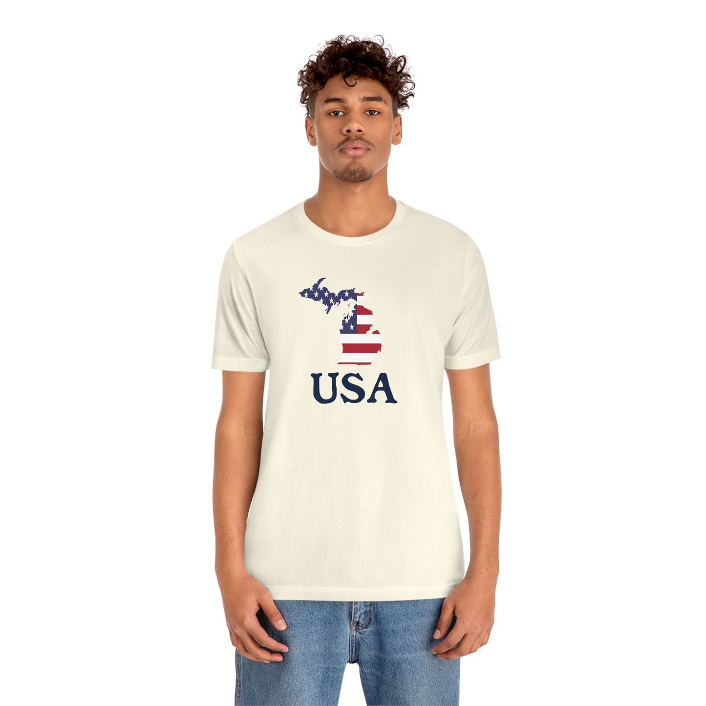 Michigan 'USA' T-Shirt (Woodcut Font w/ MI USA Flag Outline) | Unisex Standard Fit
