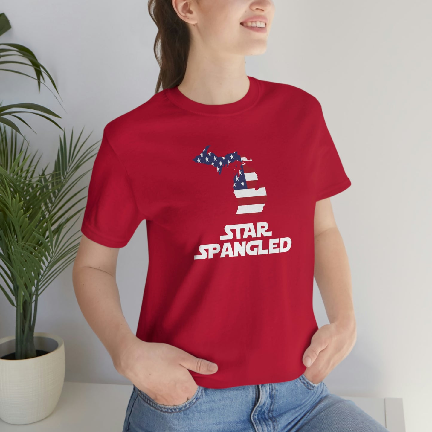 Michigan 'Star Spangled' T-Shirt (Epic Sci Fi Font w/ MI USA Flag Outline) | Unisex Standard Fit