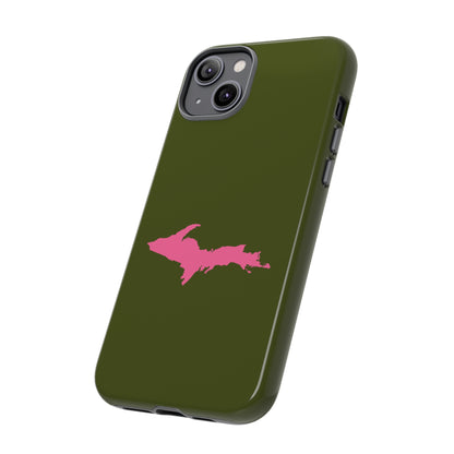 Michigan Upper Peninsula Tough Phone Case (Army Green w/ Pink UP Outline) | Apple iPhone