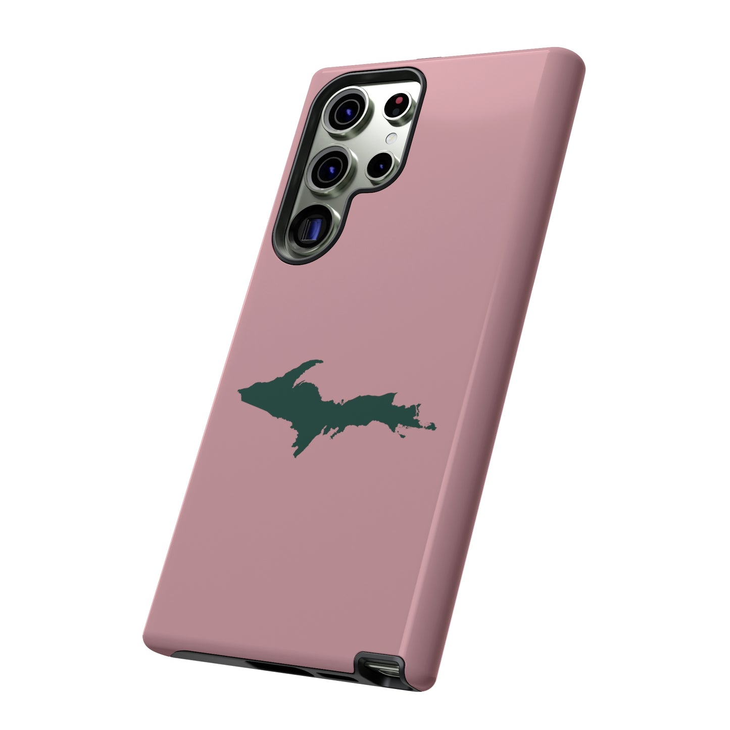 Michigan Upper Peninsula Tough Phone Case (Cherry Blossom Pink w/ Green UP Outline) | Samsung & Pixel Android