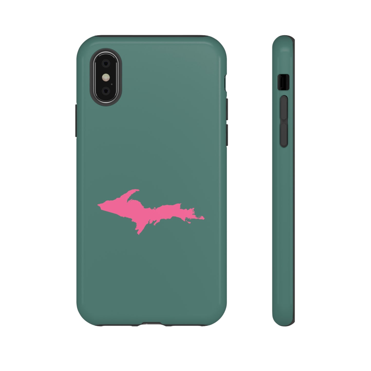 Michigan Upper Peninsula Tough Phone Case (Copper Green w/ Pink UP Outline) | Apple iPhone