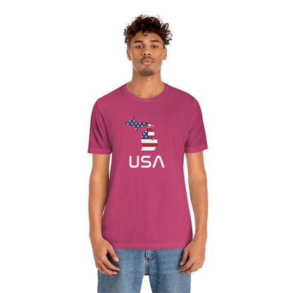 Michigan 'USA' T-Shirt (Space Agency Font w/ MI USA Flag Outline) | Unisex Standard Fit