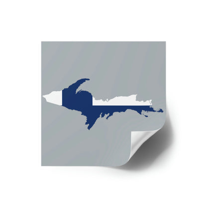 Michigan Upper Peninsula Square Sticker (Silver w/ UP Finland Flag Outline) | Indoor/Outdoor