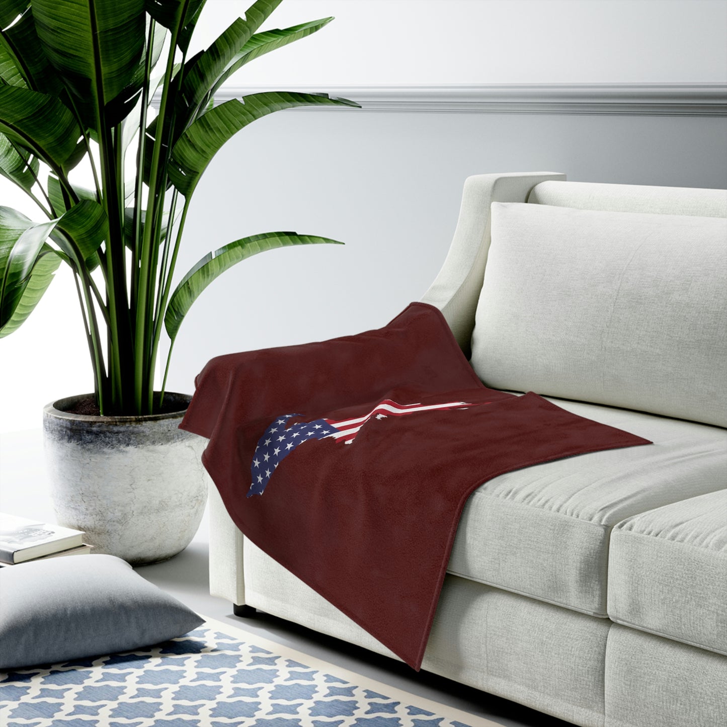 Michigan Upper Peninsula Plush Blanket (w/ UP USA Flag Outline) | Cherrywood Color