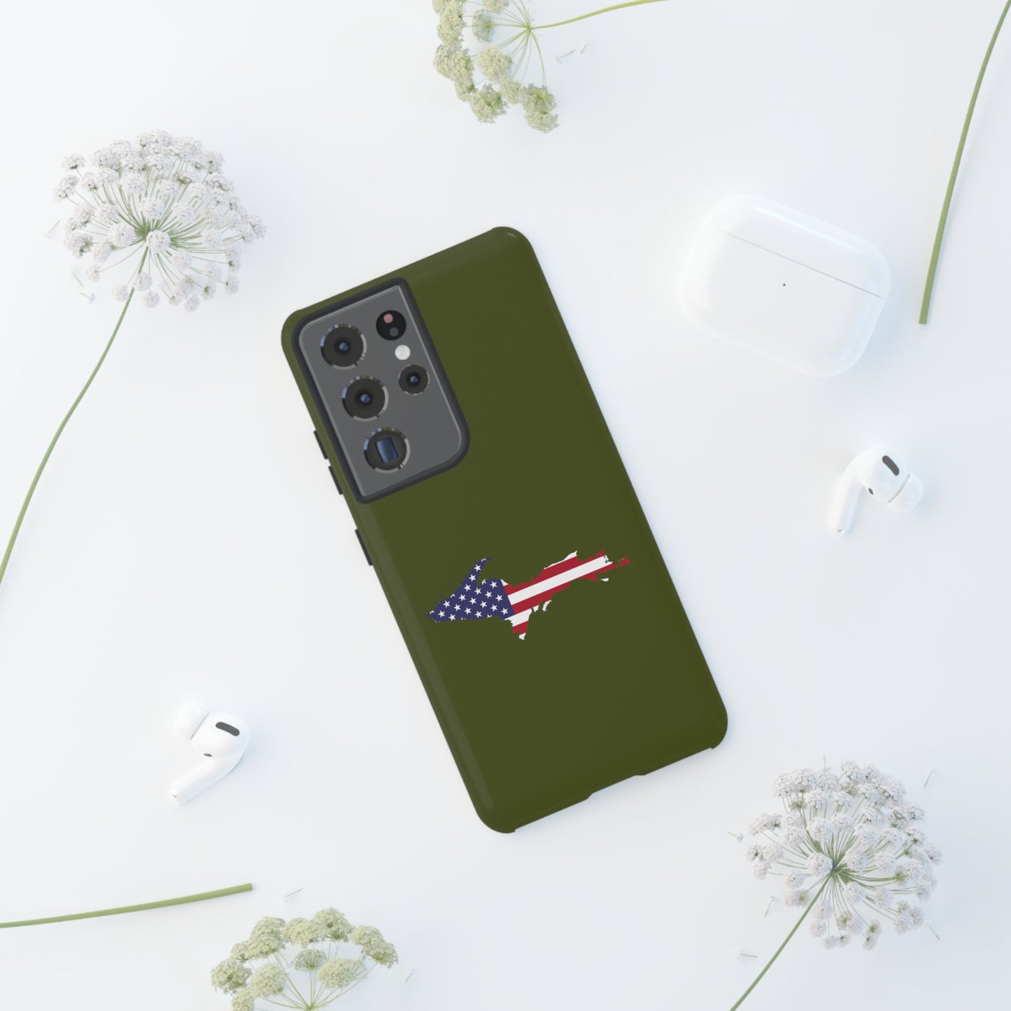 Michigan Upper Peninsula Tough Phone Case (Army Green w/ UP USA Flag Outline) | Samsung & Pixel Android