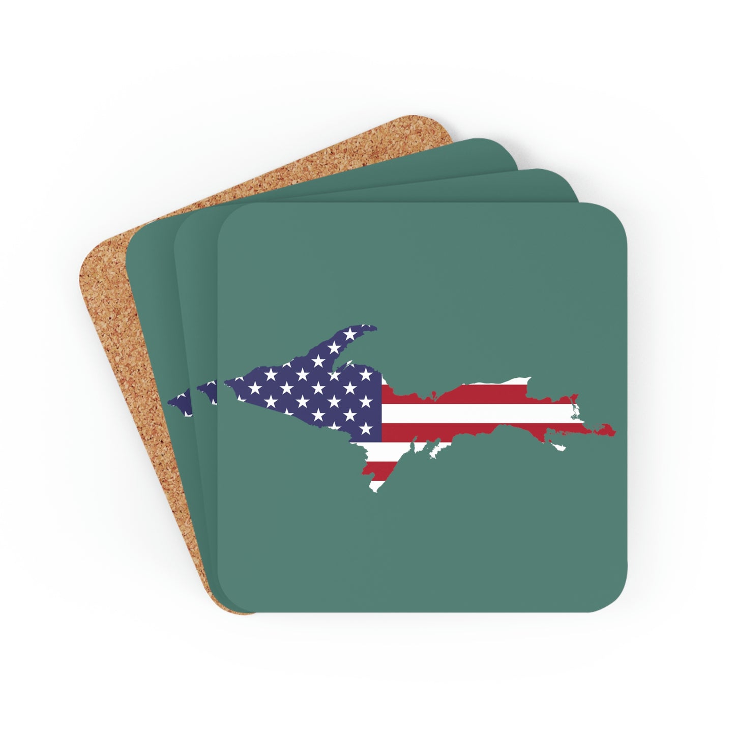 Michigan Upper Peninsula Coaster Set (Copper Green w/ UP USA Flag Outline) | Corkwood - 4 pack