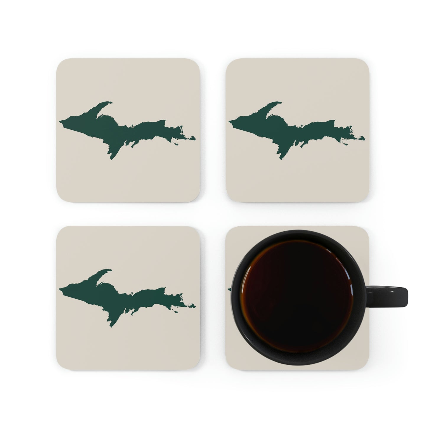 Michigan Upper Peninsula Coaster Set (Canvas Color w/ Green UP Outline) | Corkwood - 4 pack