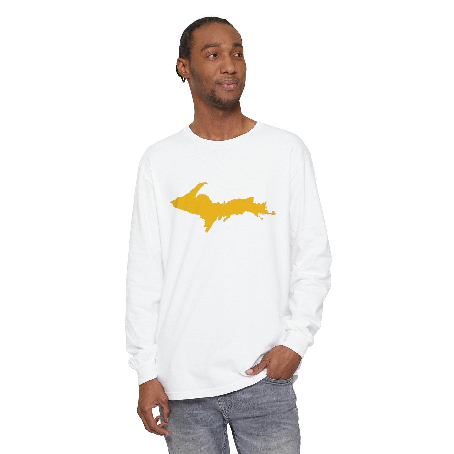 Michigan Upper Peninsula Garment-Dyed T-Shirt (w/ Gold UP Outline) | Unisex Long Sleeve