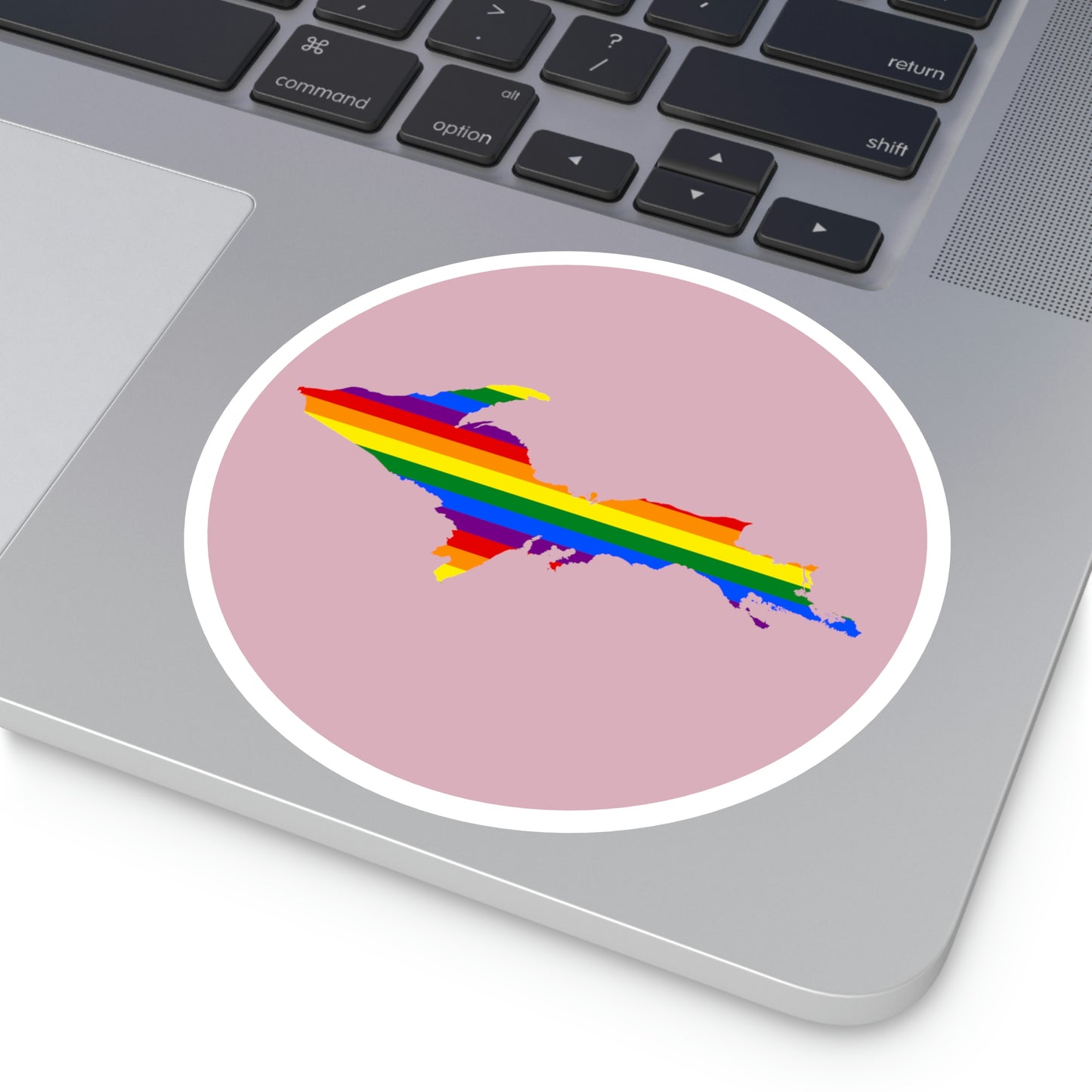 Michigan Upper Peninsula Round Stickers (Pink w/ UP Pride Flag Outline) | Indoor\Outdoor