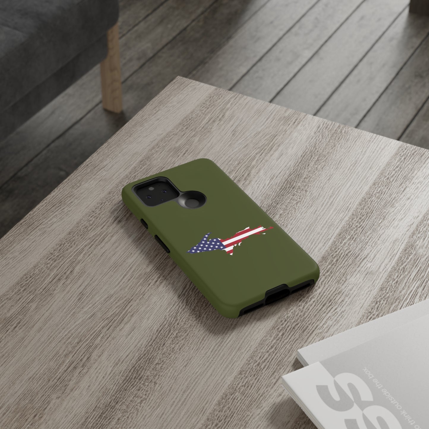 Michigan Upper Peninsula Tough Phone Case (Army Green w/ UP USA Flag Outline) | Samsung & Pixel Android